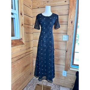 Vintage Maxi Dress Womens Medium Black Plaid Mesh Duster East West Clothing Co